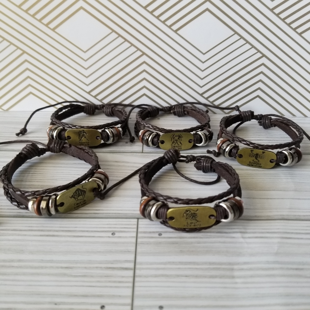 3/$30♥️ Constellations Men Women Braided Brown Cuff Leather Alloy Zodiac New